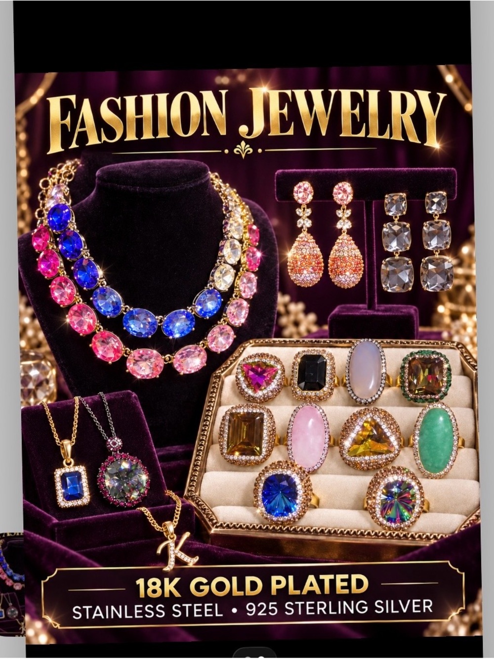 18K Gold Plated Multicolor Crystal Necklace and Ring Set - Women Jewelry